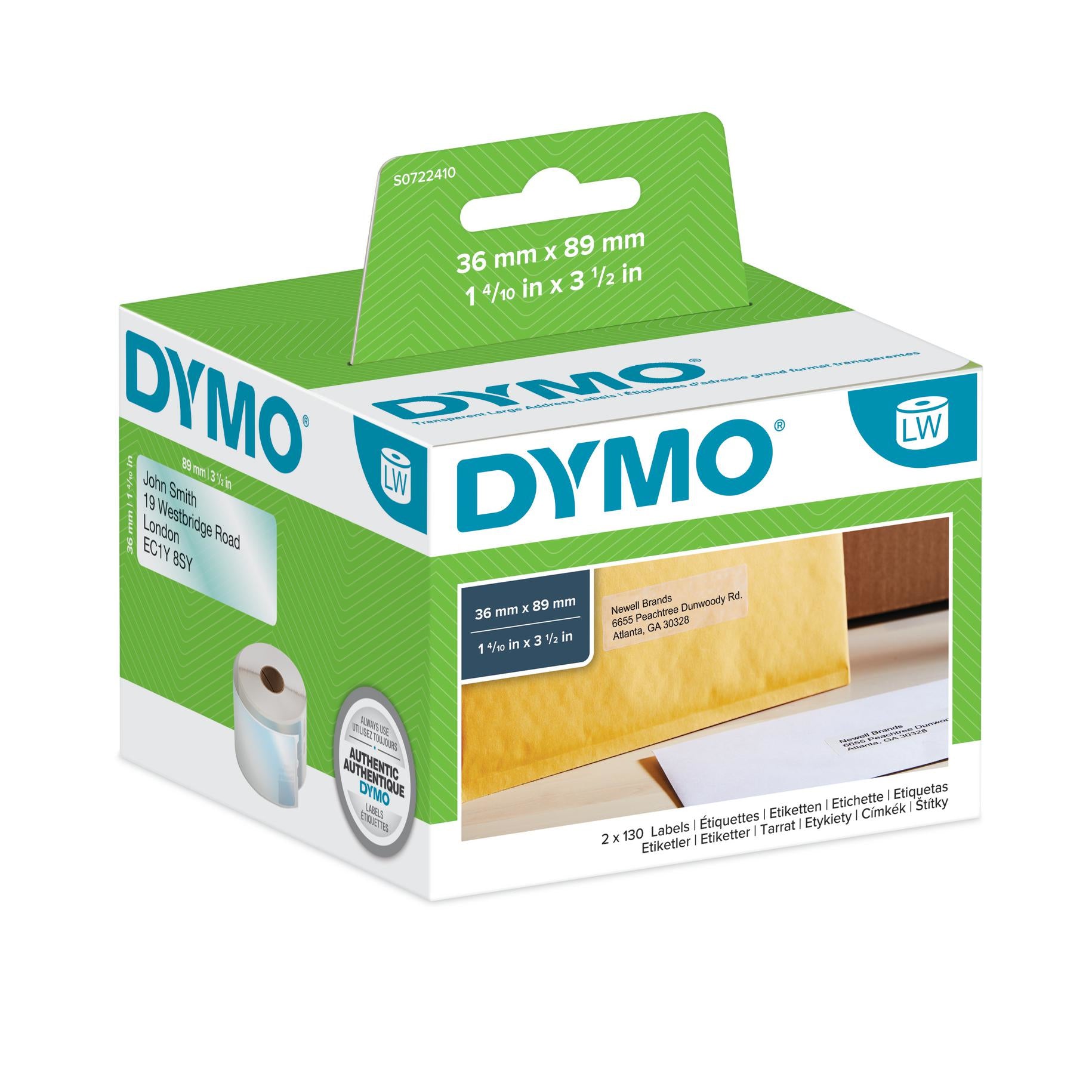 DYMO Adressetiketten LabelWriter, 89 mm × 36 mm, transparent, permanent, für LabelWriter 310, 320, Turbo 330