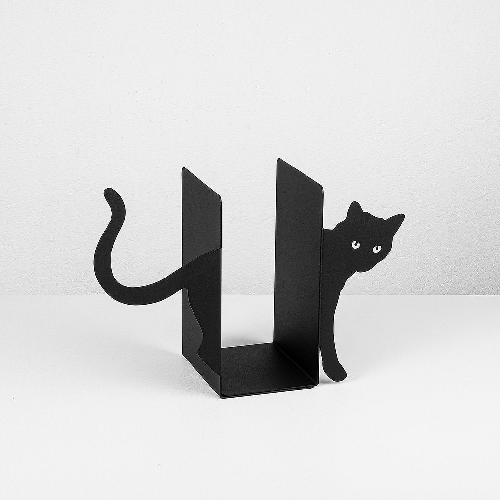 Wallxpert Katze Buchstützen – schwarz, Metall, B 350 × H 220 × T 140 mm
