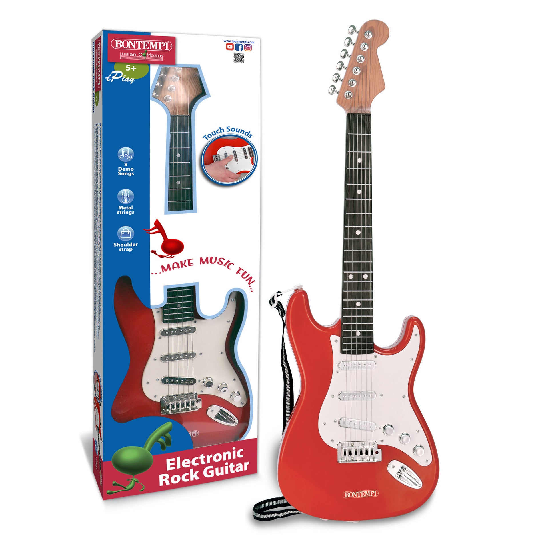Bontempi Gitarre – 8 Lieder, 3×AA – 67 cm – ab 5 J. – Kunststoff – schwarz/rot/weiss