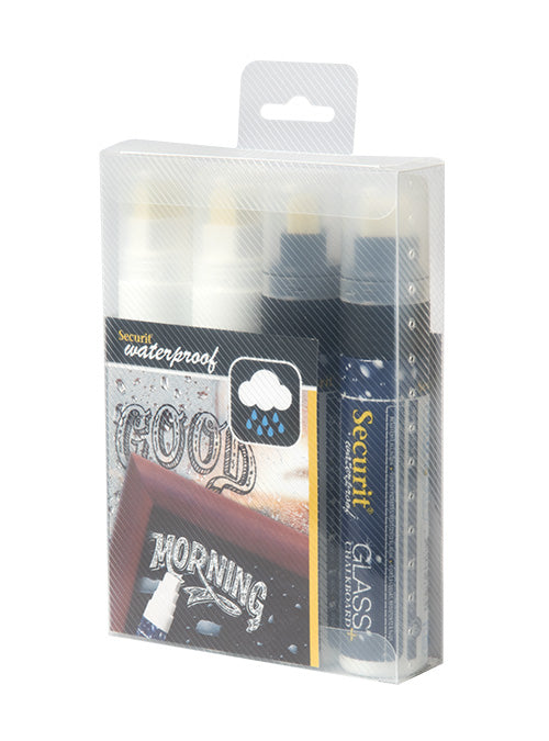 Securit SMA820-V4-BW Kreidemarker – Keilspitze 7–15 mm – 4er-Set, Schwarz/Weiss, für Glas/Kunststoff/Holz