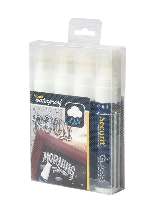 Securit SMA820-V4-WT Kreidemarker – Keilspitze 7–15 mm – 4er-Set, Weiss, für Glas/Kunststoff/Holz