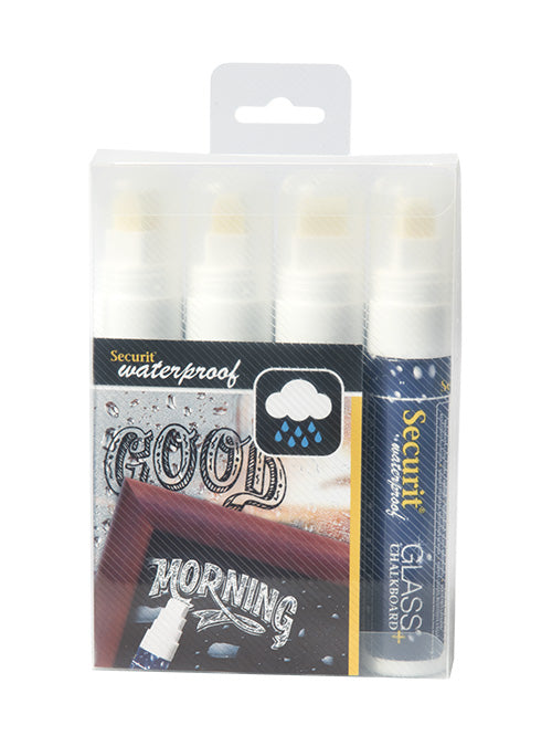 Securit SMA820-V4-WT Kreidemarker – Keilspitze 7–15 mm – 4er-Set, Weiss, für Glas/Kunststoff/Holz