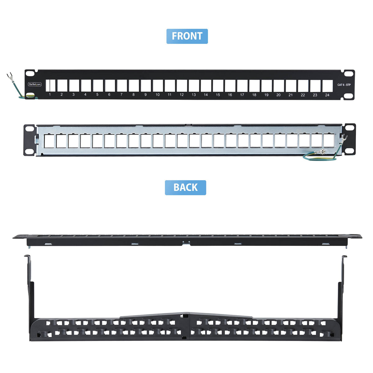 StarTech.com Keystone Patchpanel – Leer, 24× RJ-45, für Cat6a, Cat8, 19", 1U, Schwarz, Kabelmanagement