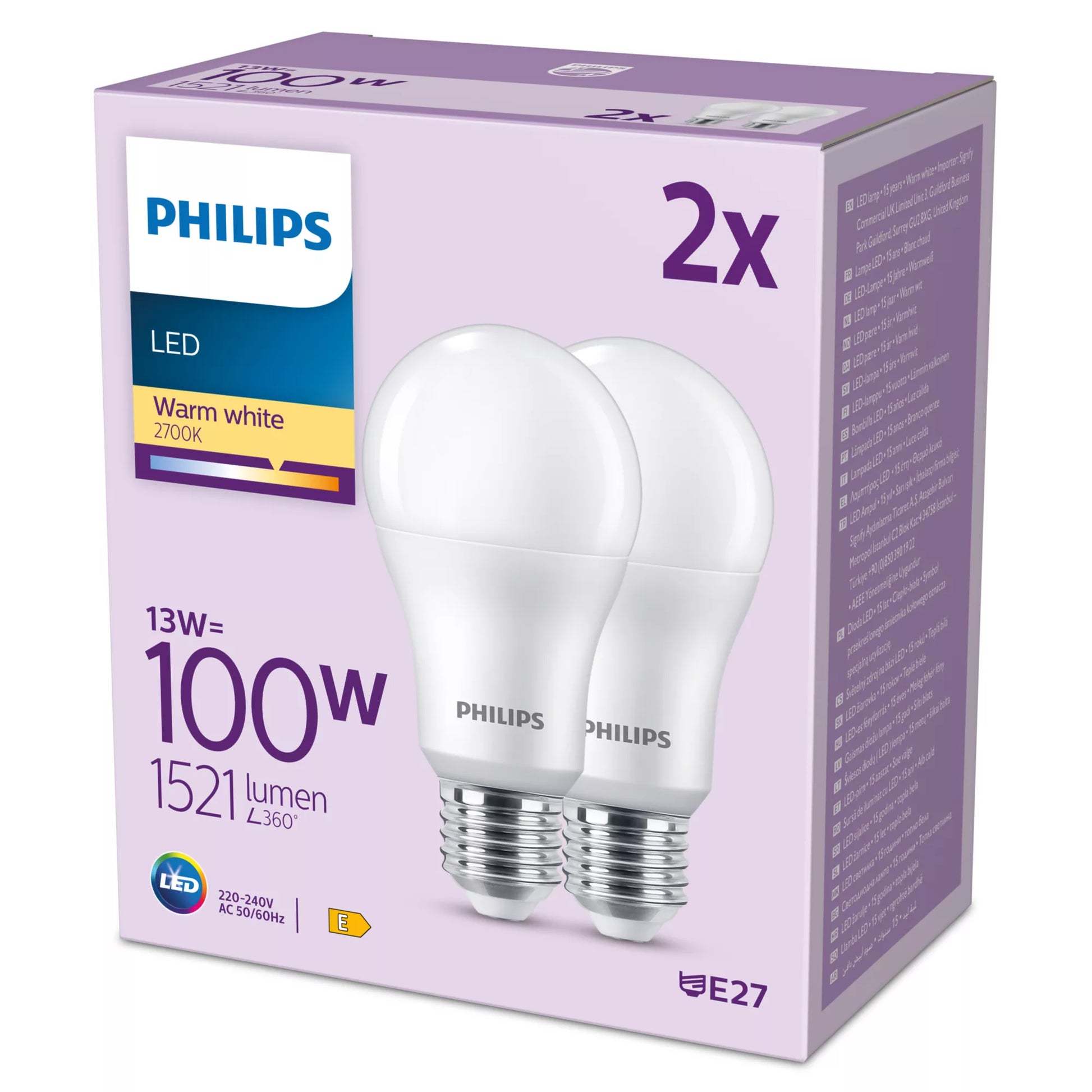 Philips by Signify Philips LED-Leuchtmittel E27 A-Form – Warmweiss 2700 K, 1521 lm, 13 W – IP20 – 2 Stk. – Weiss/Aluminium