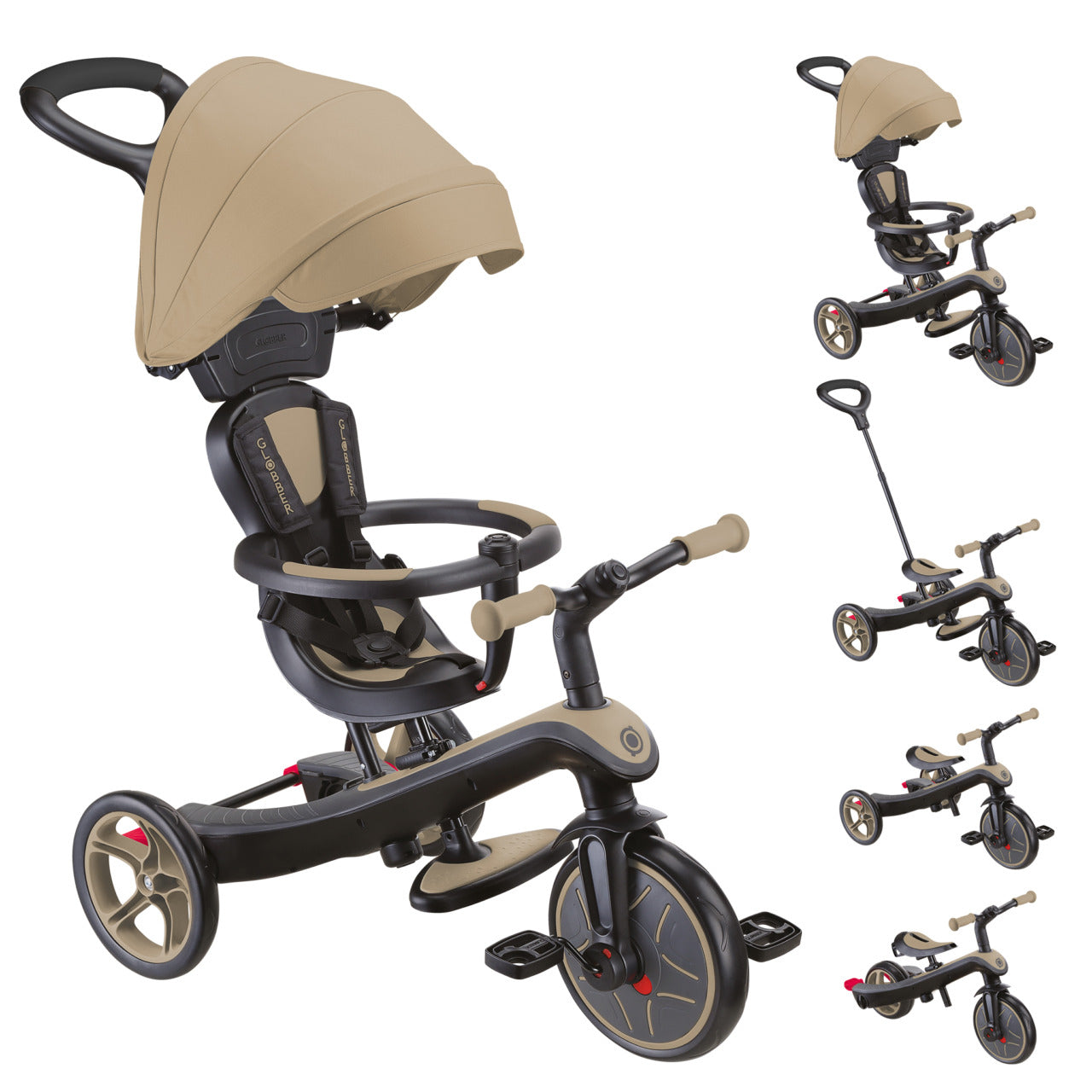 Globber Explorer 4 in 1 Dreirad – Vorderrad Ø 24,9 cm – bis 20 kg – ab 10 M. – Aluminium/Kunststoff – sand
