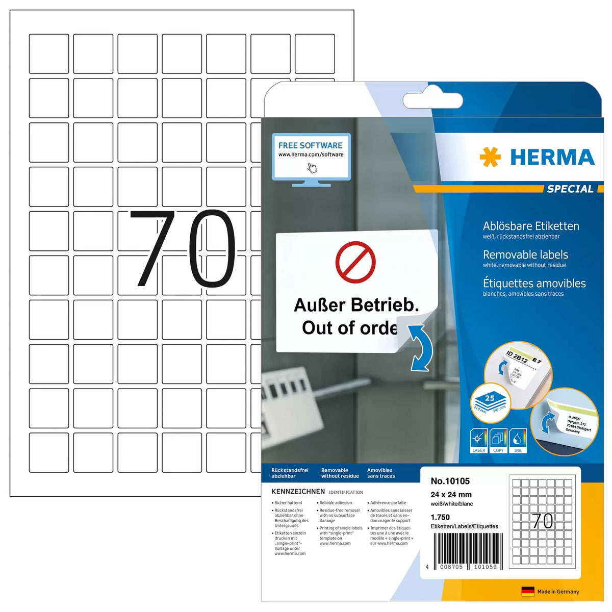 HERMA A4-Etiketten, 24 mm × 24 mm, weiss, Papier, ablösbar, 1750 St.