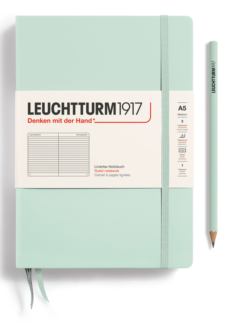Leuchtturm Notizbuch – A5 – 251 Seiten – 80 g/m² – Hardcover, Gummiband, Einstecktasche, Mint, FSC