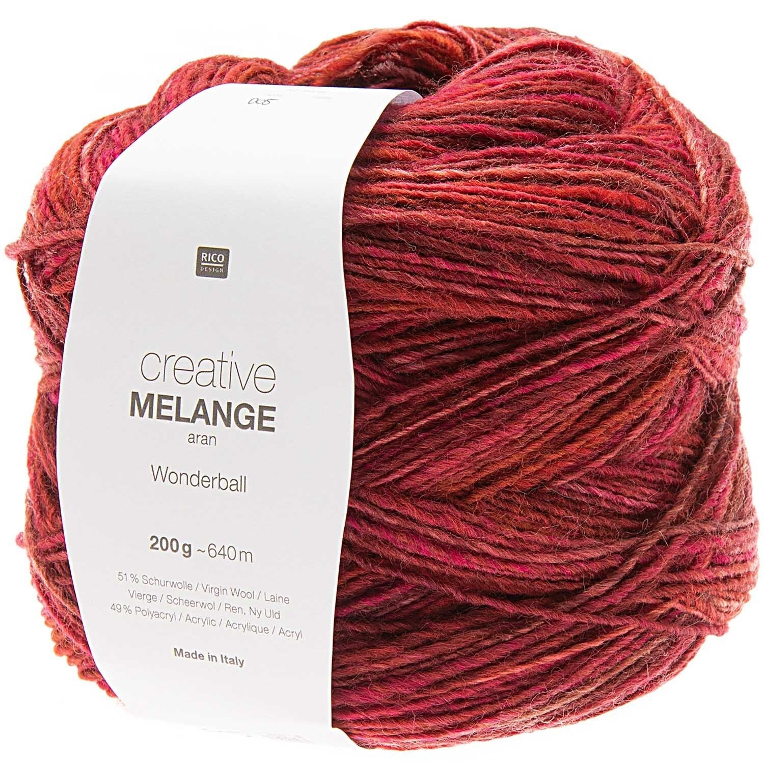 Rico Design Melange Wolle Aran Kirschrot – 200 g, 640 m, Nadel 5 mm, 51% Schurwolle/49% Polyacryl, 1 Stk.