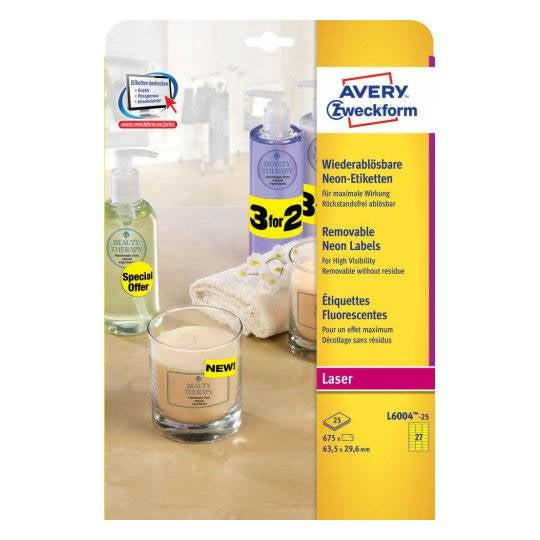 Avery Schuletiketten – 63,5 × 29,6 mm, Abgerundete Ecken, 675 Stk, 25 Bogen, Papier, Ablösbar