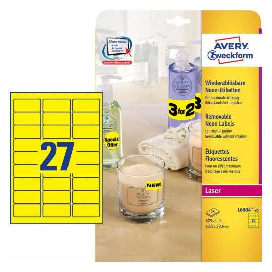 Avery Schuletiketten – 63,5 × 29,6 mm, Abgerundete Ecken, 675 Stk, 25 Bogen, Papier, Ablösbar