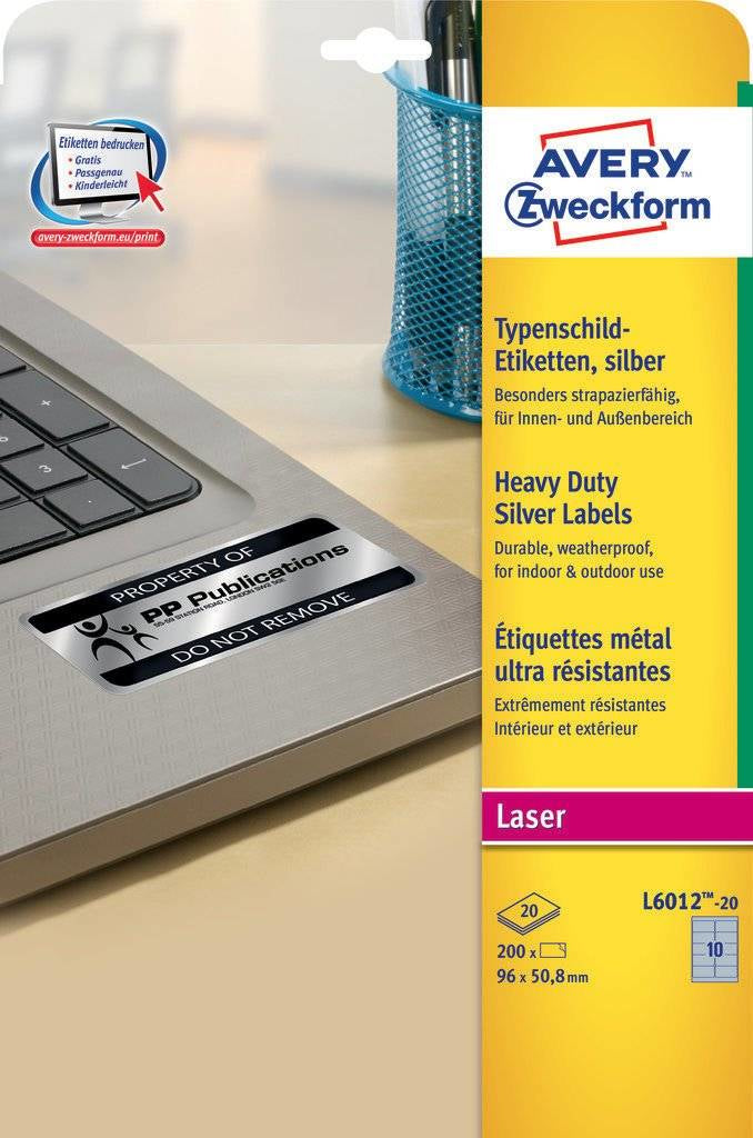 Avery Typenschild-Etiketten, 96 mm × 51 mm, silber, Folie, permanent, 200 Etiketten (20 Blatt)