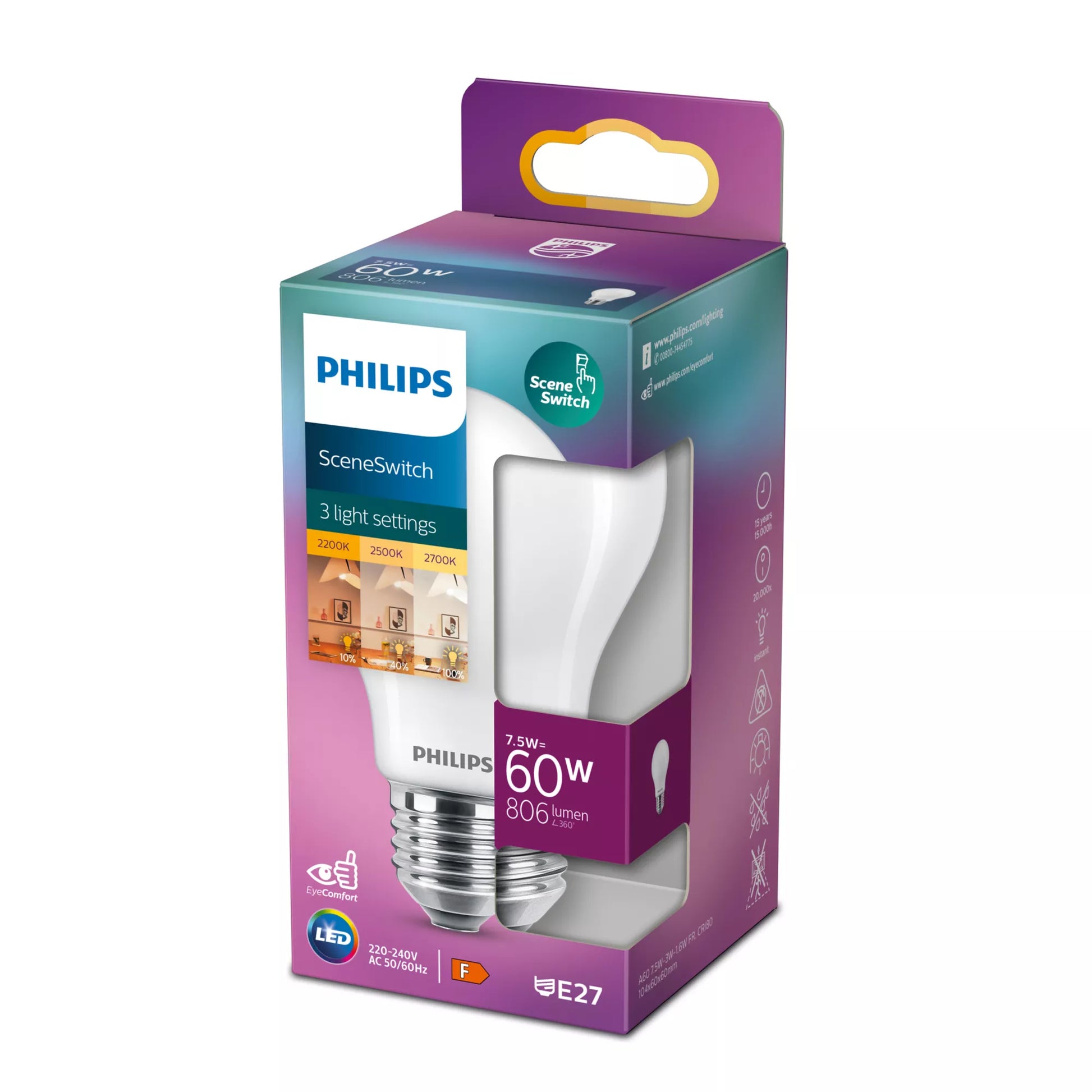 Philips by Signify Philips LED-Leuchtmittel E27 A60 – Warmweiss 2700 K, 806 lm, 7,5 W – 1 Stk., Weiss/Glas – LEDClassic