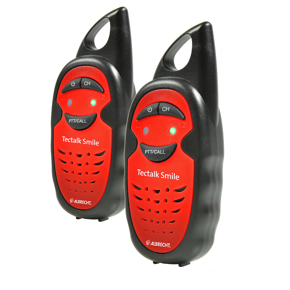 Albrecht Tectalk Smile – Kinder-Funkgerät, 3 Kanäle, bis 3 km, 446,00625 MHz, Schwarz/Rot