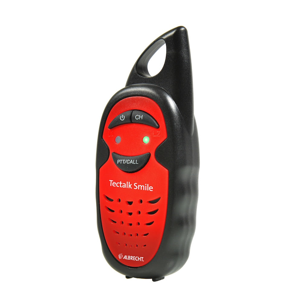 Albrecht Tectalk Smile – Kinder-Funkgerät, 3 Kanäle, bis 3 km, 446,00625 MHz, Schwarz/Rot