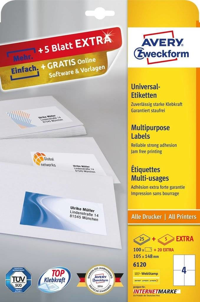 AVERY Zweckform – Etiketten A4 105 × 148 mm – weiss – permanent haftend – universal – 4 pro Blatt, 30 Blätter