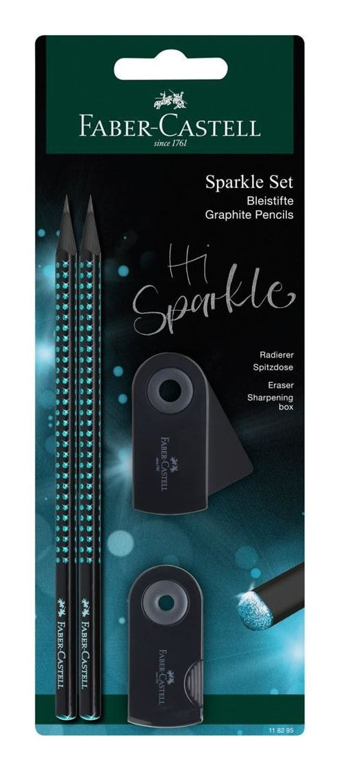 Faber-Castell Sparkle Mid Ocean Schreibset HB, ergonomisch – mit Spitzer & Radierer