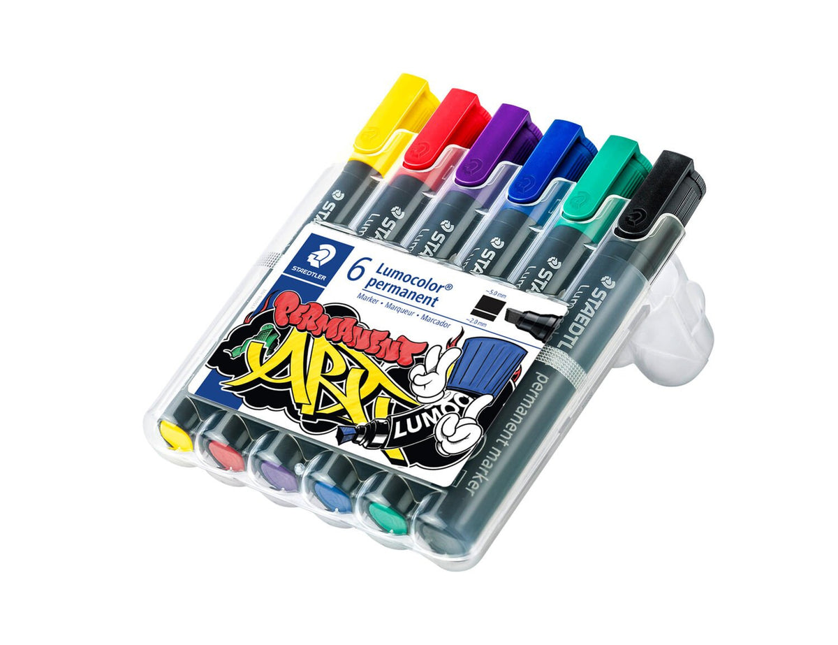 Staedtler Lumocolor Permanentmarker – Keilspitze 2–5 mm – Mehrfarbig – 6er-Set – für Porzellan