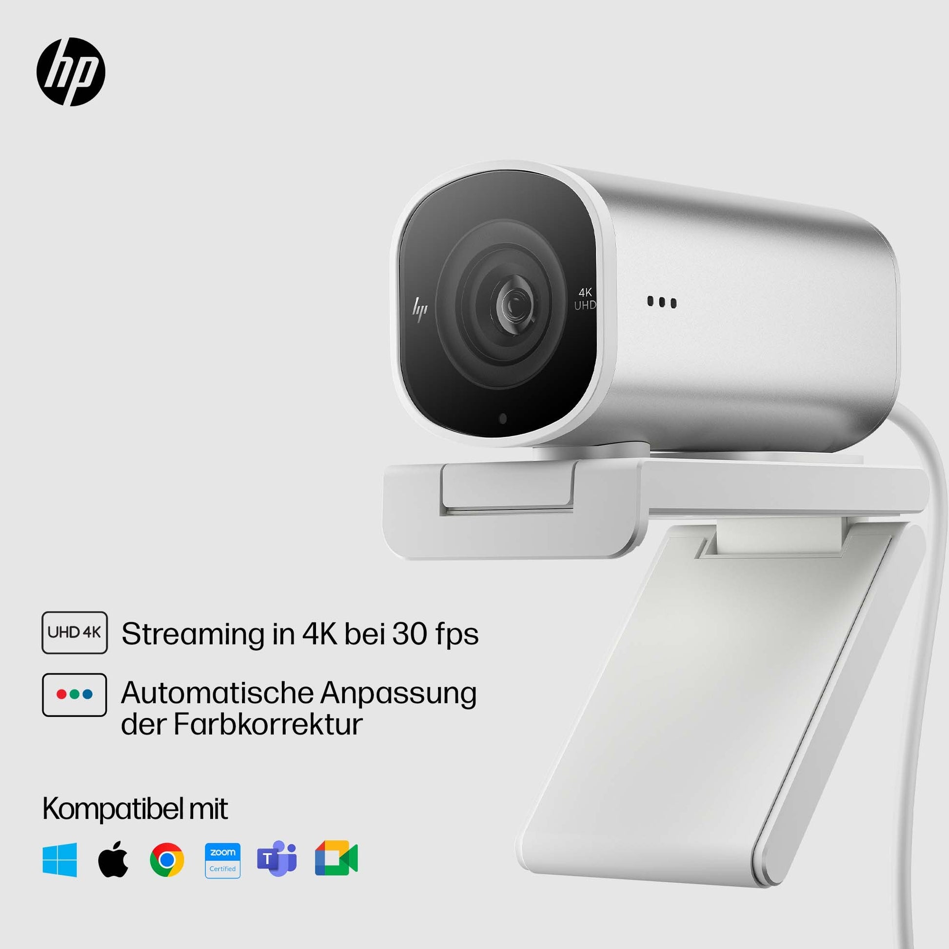 HP 960 Webcam – 4K Ultra HD, 30 fps, Autofokus, USB-A – Silber