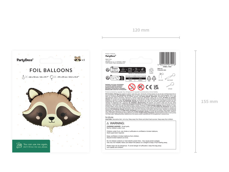 PartyDeco Folienballon Waschbär – Braun – 39 × 61 cm – Folie – 1 Stk