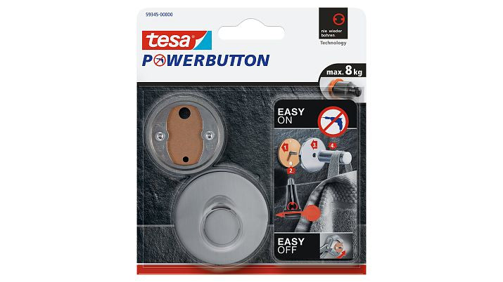 TESA Klebehaken Powerbutton – Edelstahl, 8 kg, Klebestreifen, Silber