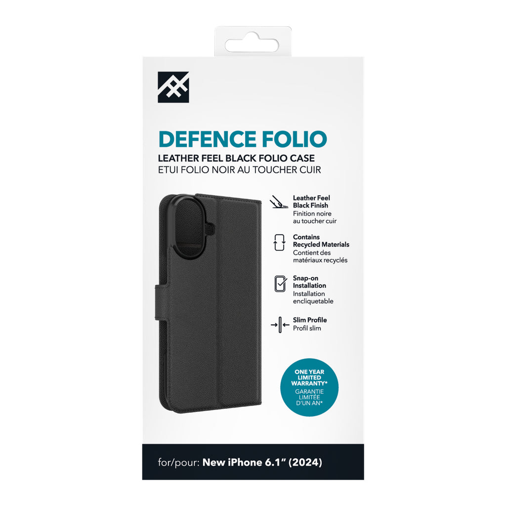 IFROGZ Defence Folio – für Apple iPhone 16, mit Ständer, mit 3 Kartenfächern, PU+PC, Schwarz
