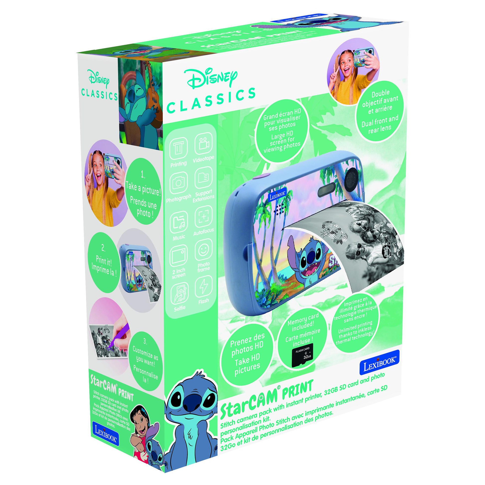 Lexibook STITCH Sofortdruckkamera – 12 MP, 8 GB Speicher, SD bis 32 GB, Akku 5 h – ab 4 J. – mehrfarbig