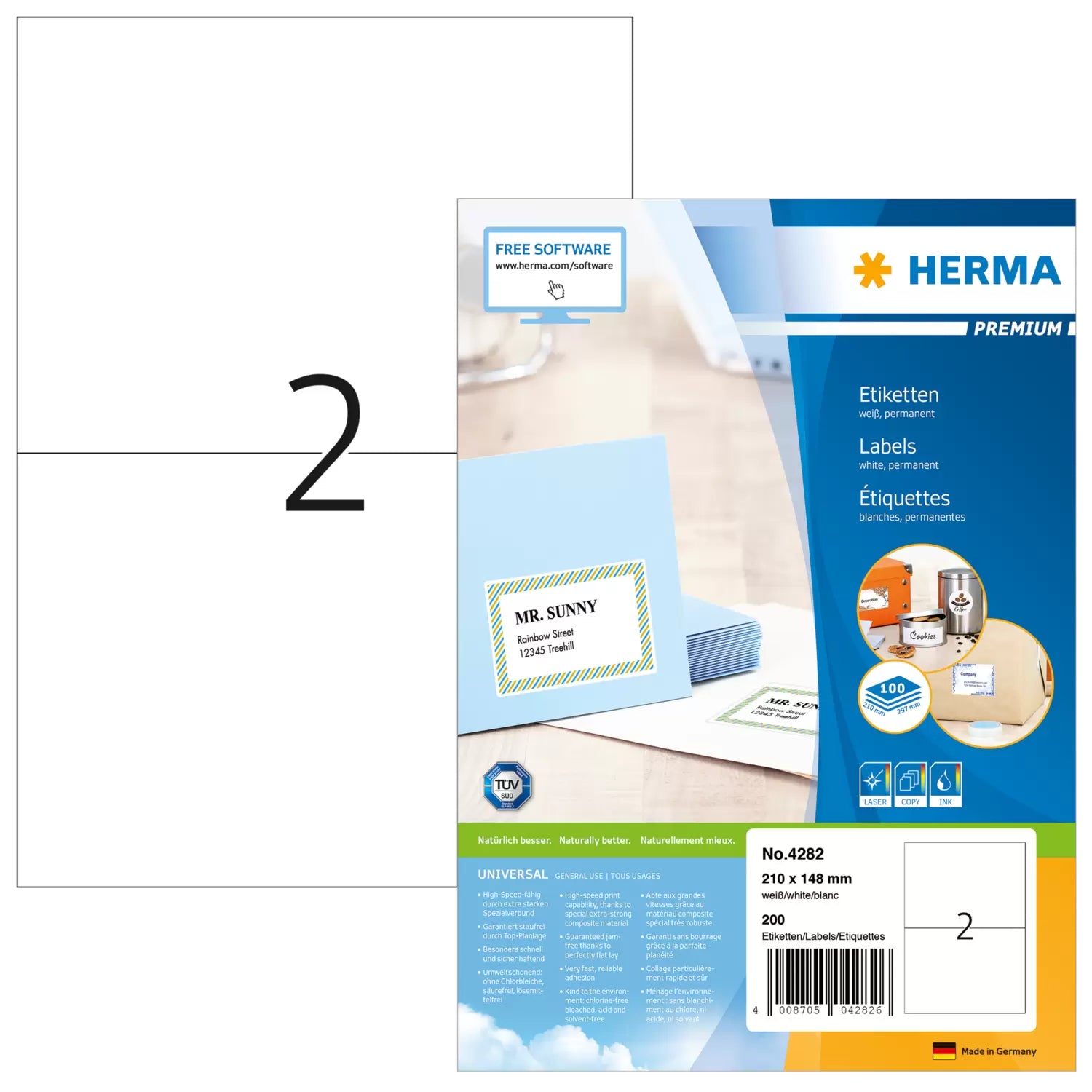 HERMA Druckeretiketten, 210 mm × 148 mm, weiss, Papier, permanent, 100 Blatt (200 Etiketten)