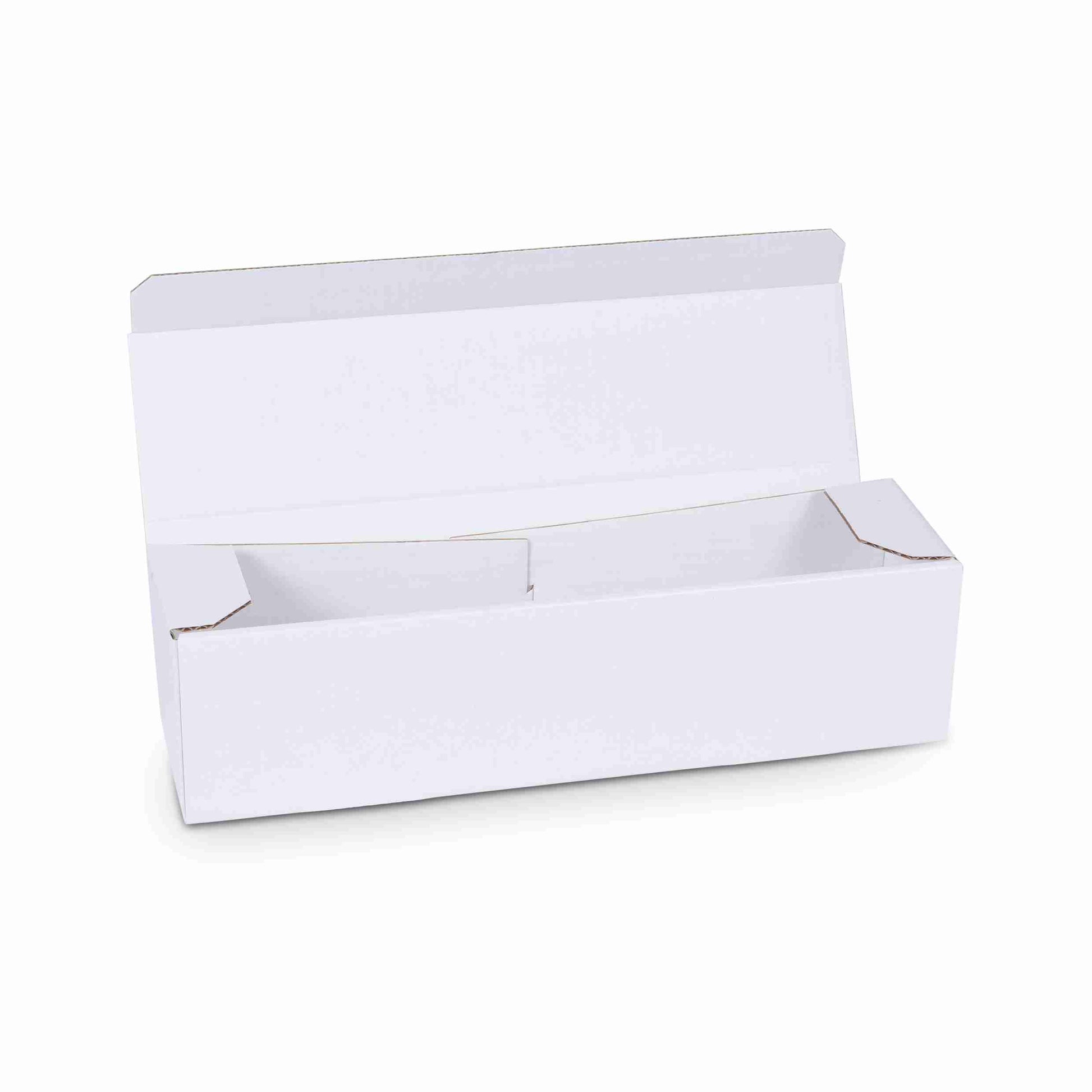 Model Geschenkbox Wellpappe, glänzend, weiss – 360 × 88 × 88 mm – mit Klappdeckel – für 1 Flasche – 1 Stk., ab 50 Stk.