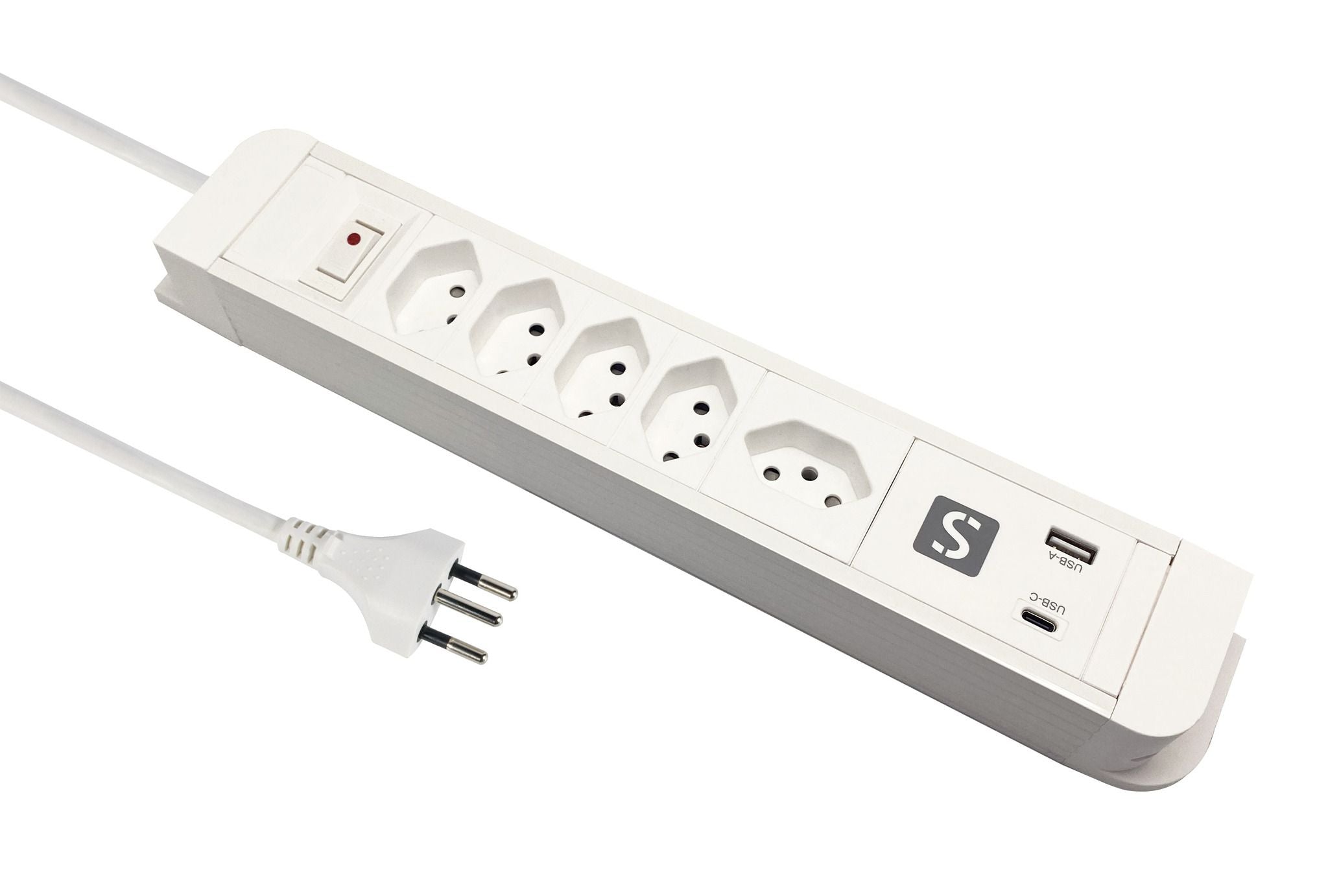 M. Schönenberger Schönenberger Plus Steckdosenleiste, 5×T13, 1×USB‑A + 1×USB‑C PD 20 W, mit Schalter, 1,5 m – weiss