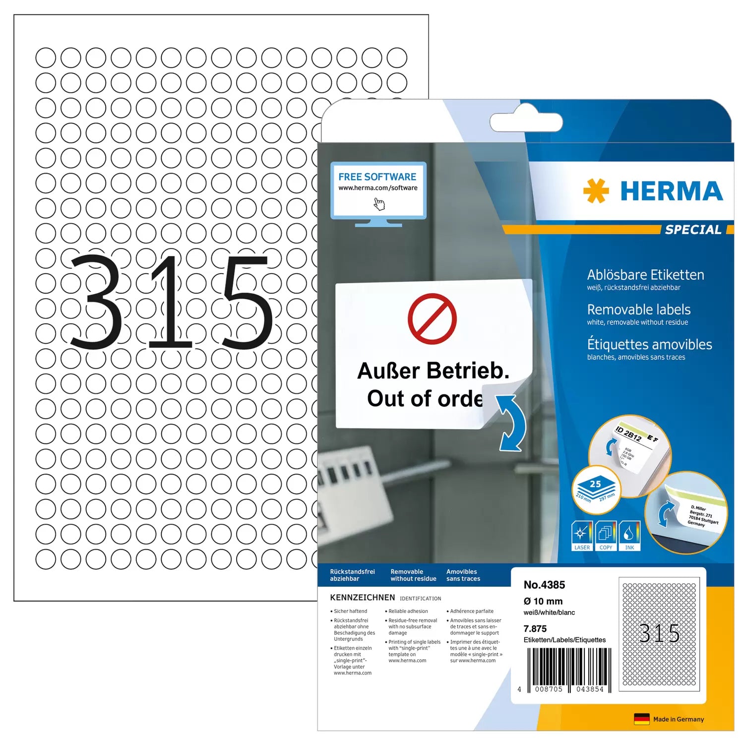 HERMA Druckeretiketten, Ø 10 mm, weiss, Papier, ablösbar, 25 Blatt