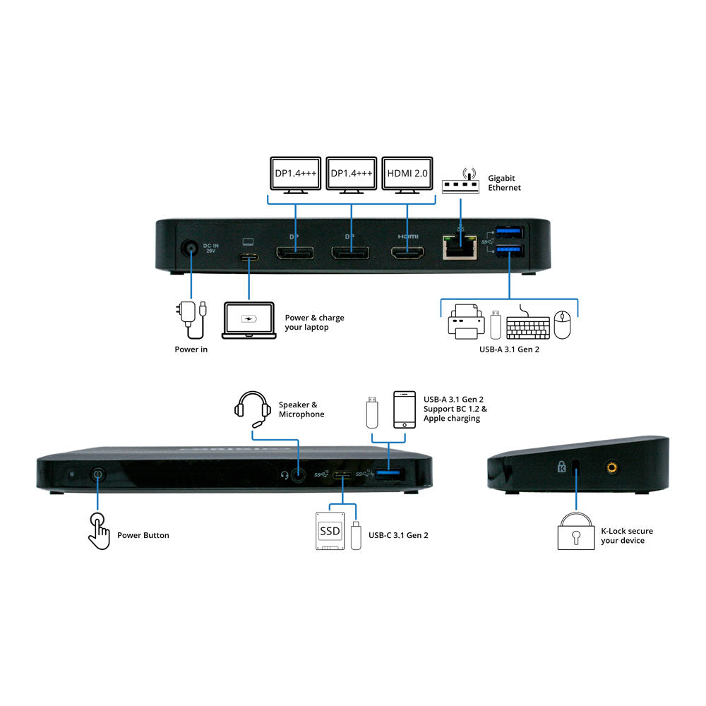 Origin Storage OSDOCK-USBC/EU Dockingstation – USB-C, 2× DP, 1× HDMI, 3× USB-A, 1× USB-C, 85 W PD, GbE