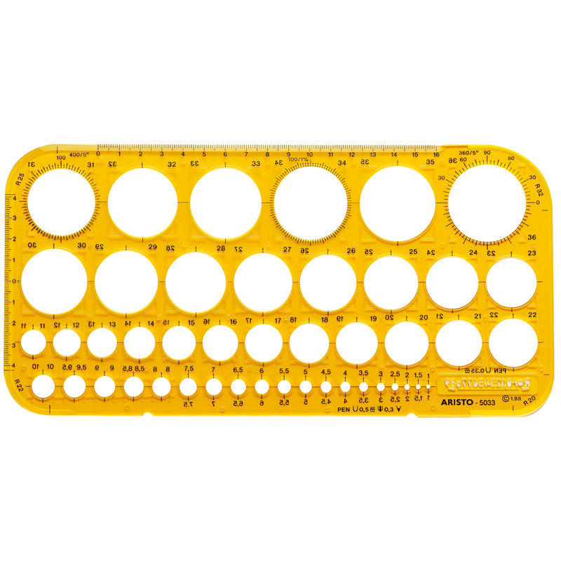 Aristo Kreisschablone, 26,0 × 13,0 cm, Ø 1–36 mm, Kunststoff, Transparent/Gelb