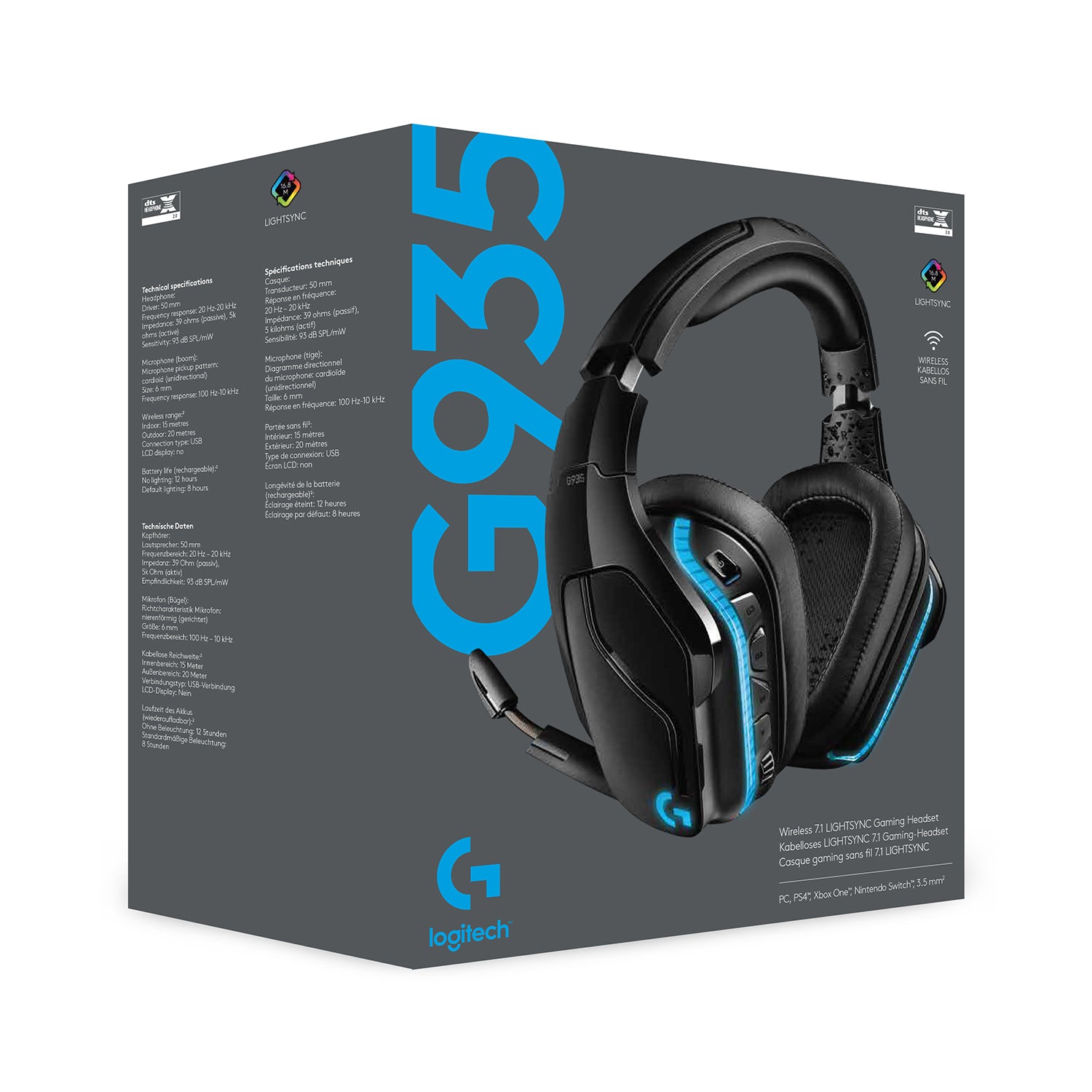 Logitech G G935 Gaming-Headset – Over-Ear, Stereo, Kabel + BT, ANC, mit USB-A-Dongle, Schwarz/Blau