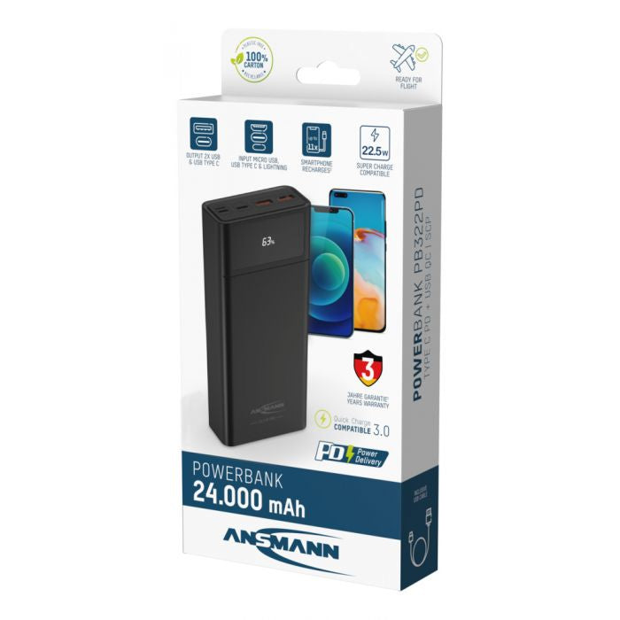 Ansmann Powerbank 24000 mAh, PD 22,5 W, 1× USB-C, 2× USB-A, mit LED-Display, für Smartphones, schwarz
