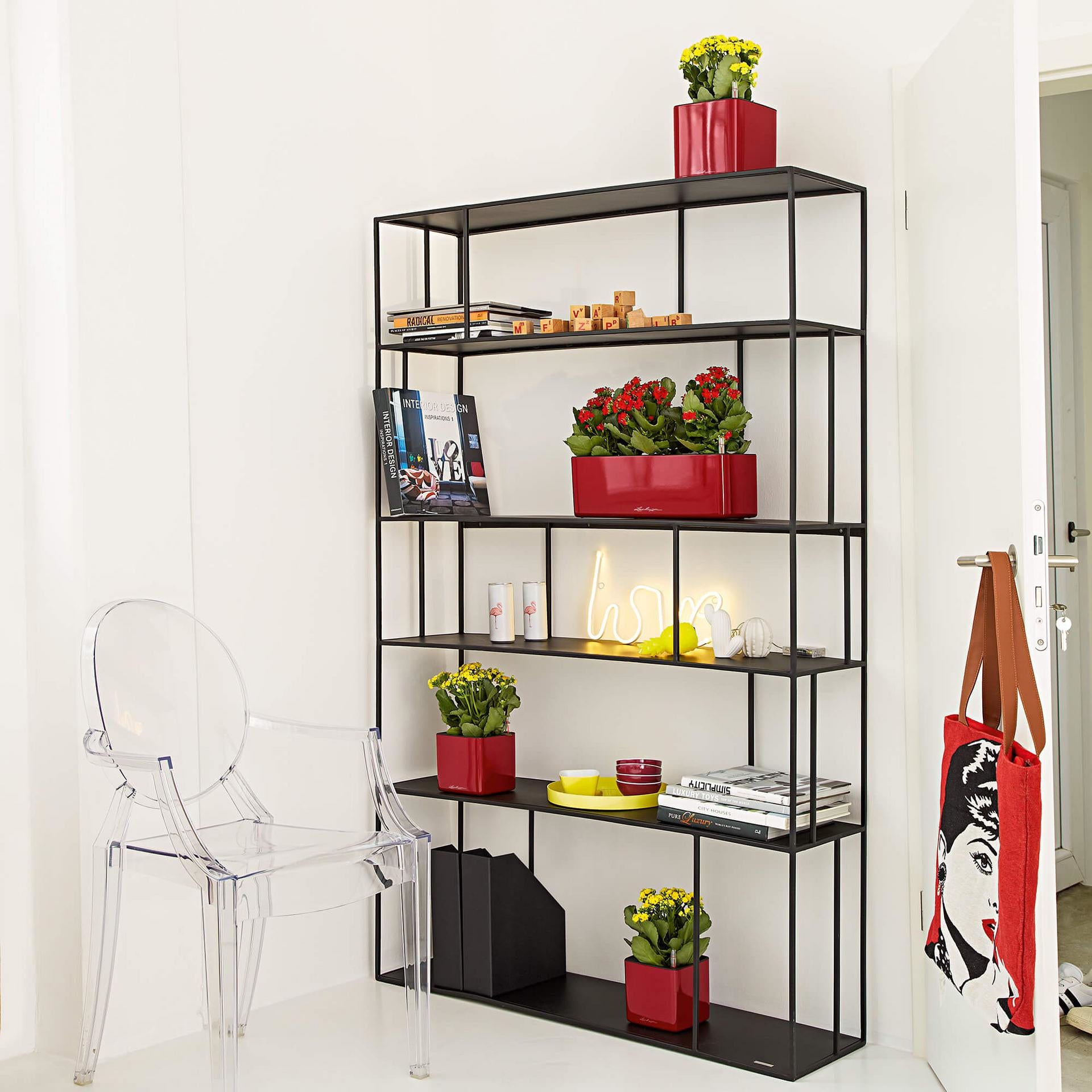 LECHUZA CUBE Glossy Triple Topfpflanzer – 14 × 14 × 40 cm – Kunststoff, rot