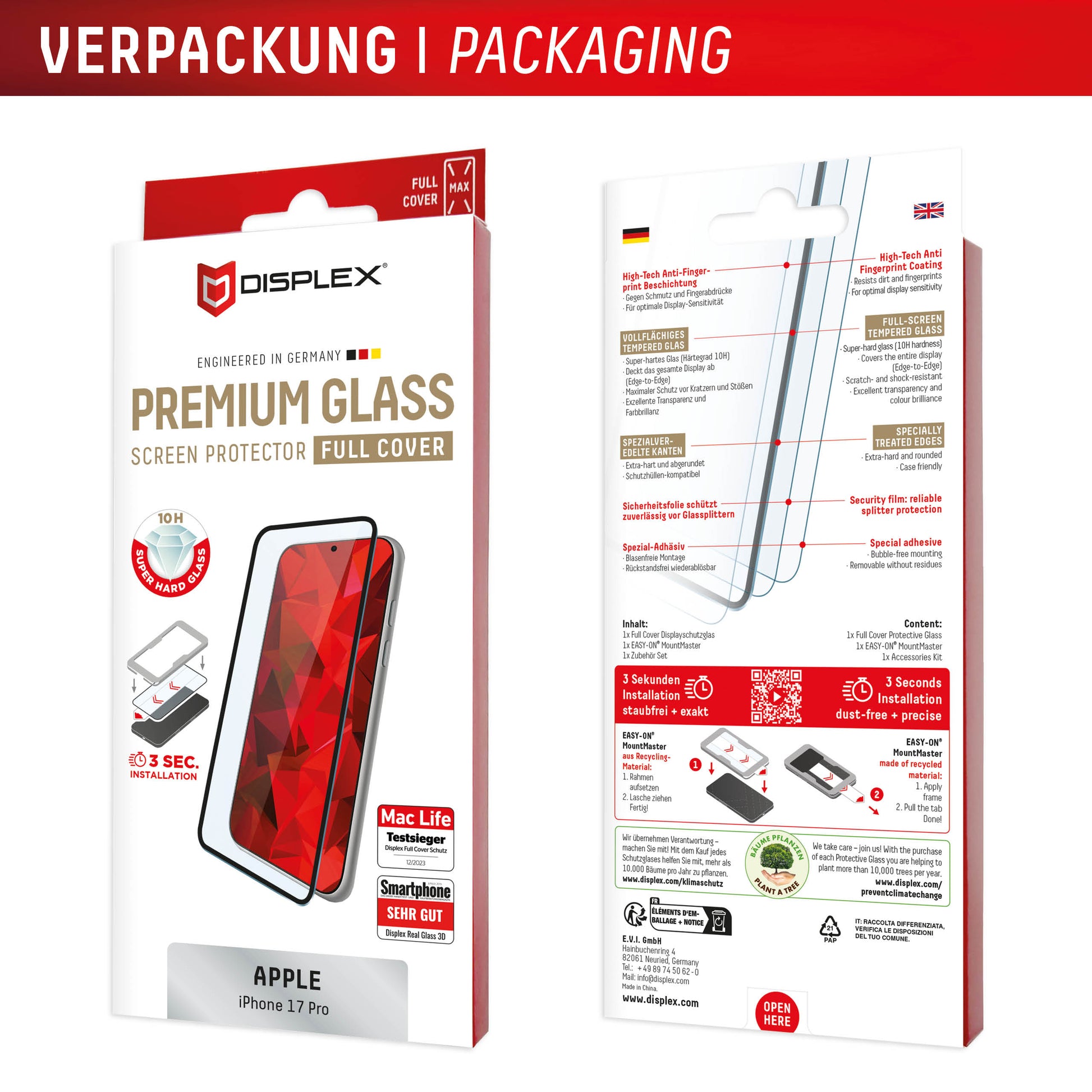 Displex Displayschutz (Panzerglas), Full Cover – für iPhone 17 Pro – mit Applikator