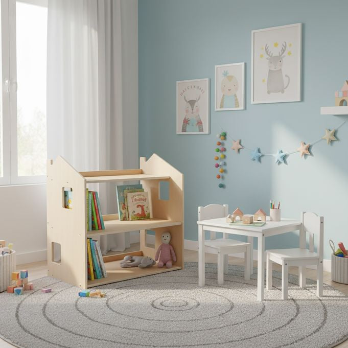 Relaxdays Kinderregal Hausform – 3 Böden – 61 × 39 × 59 cm – 22,5 kg – Hellbraun – MDF, Sperrholz – 1 Stk.