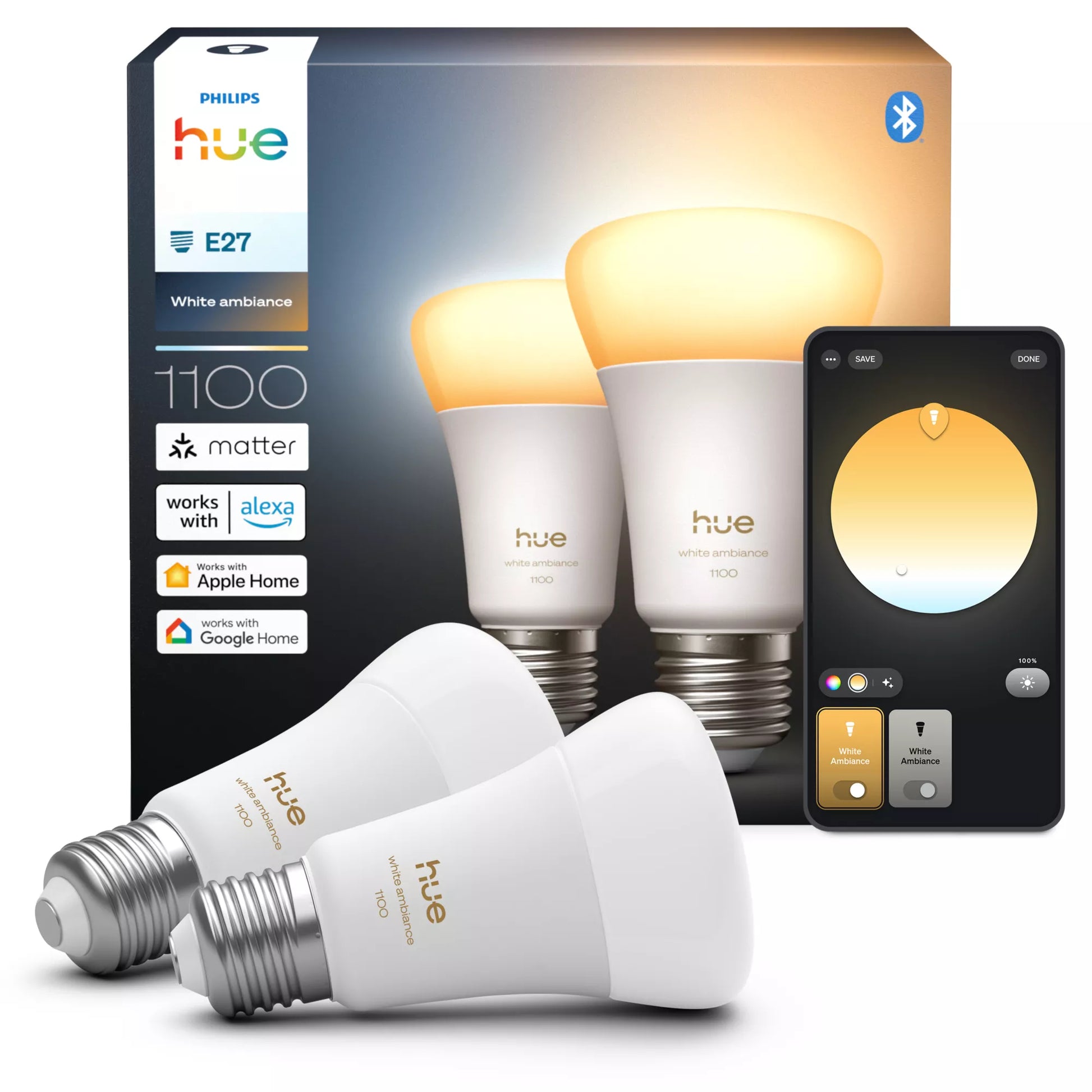 Philips by Signify Philips Hue Smart-Leuchtmittel E27 – Warmweiss, 1100 lm, 8,1 W, Bluetooth/Zigbee – für Apple HomeKit