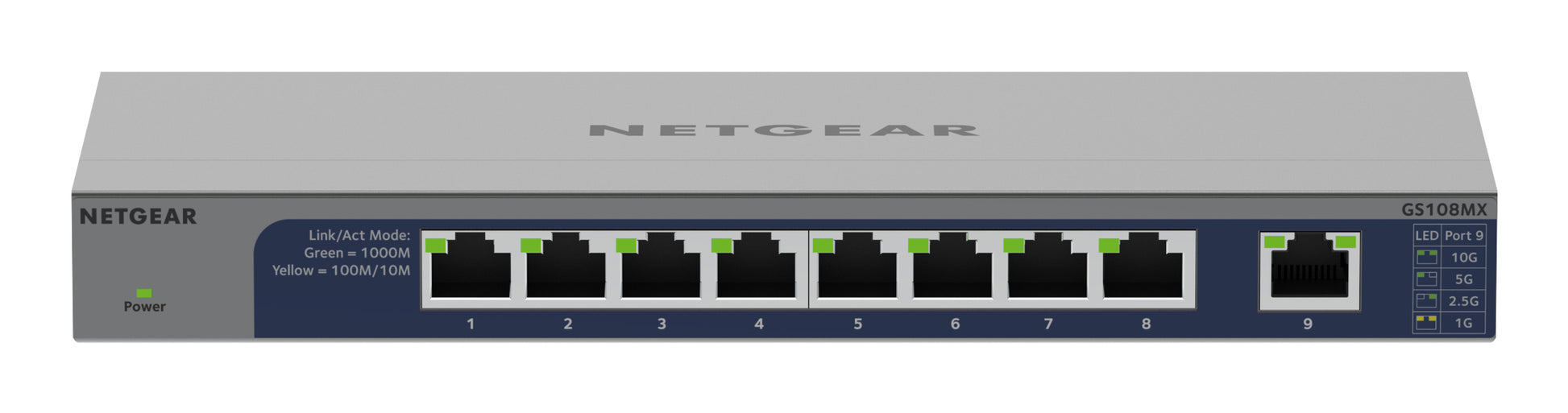 NETGEAR GS108MX-100EUS – Unmanaged L2 Switch – 8× 1G, 1× 10G, Desktop (Rack-Montage-Set)
