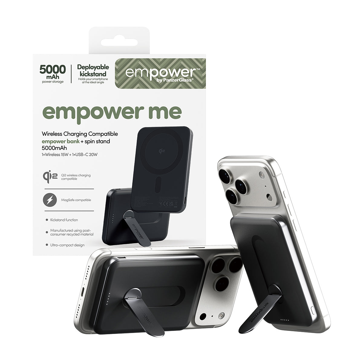 PanzerGlass MagSafe Powerbank 5000 mAh, PD 20 W, 1× USB-C, mit Ständer, Schwarz