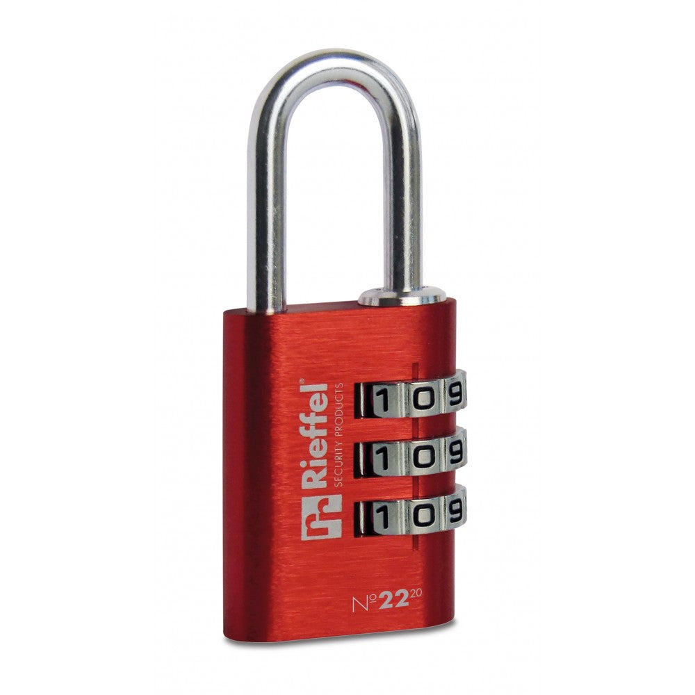 Rieffel Nr. 22 Kombinationsschloss – 3-stellig, Aluminium, Bügel H 21 mm, Ø3 mm, Rot