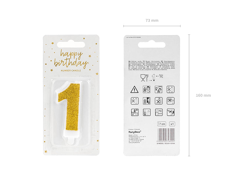 PartyDeco Geburtstagskerzen Zahl 1 – Gold – 5 × 7 cm – 1 Stk