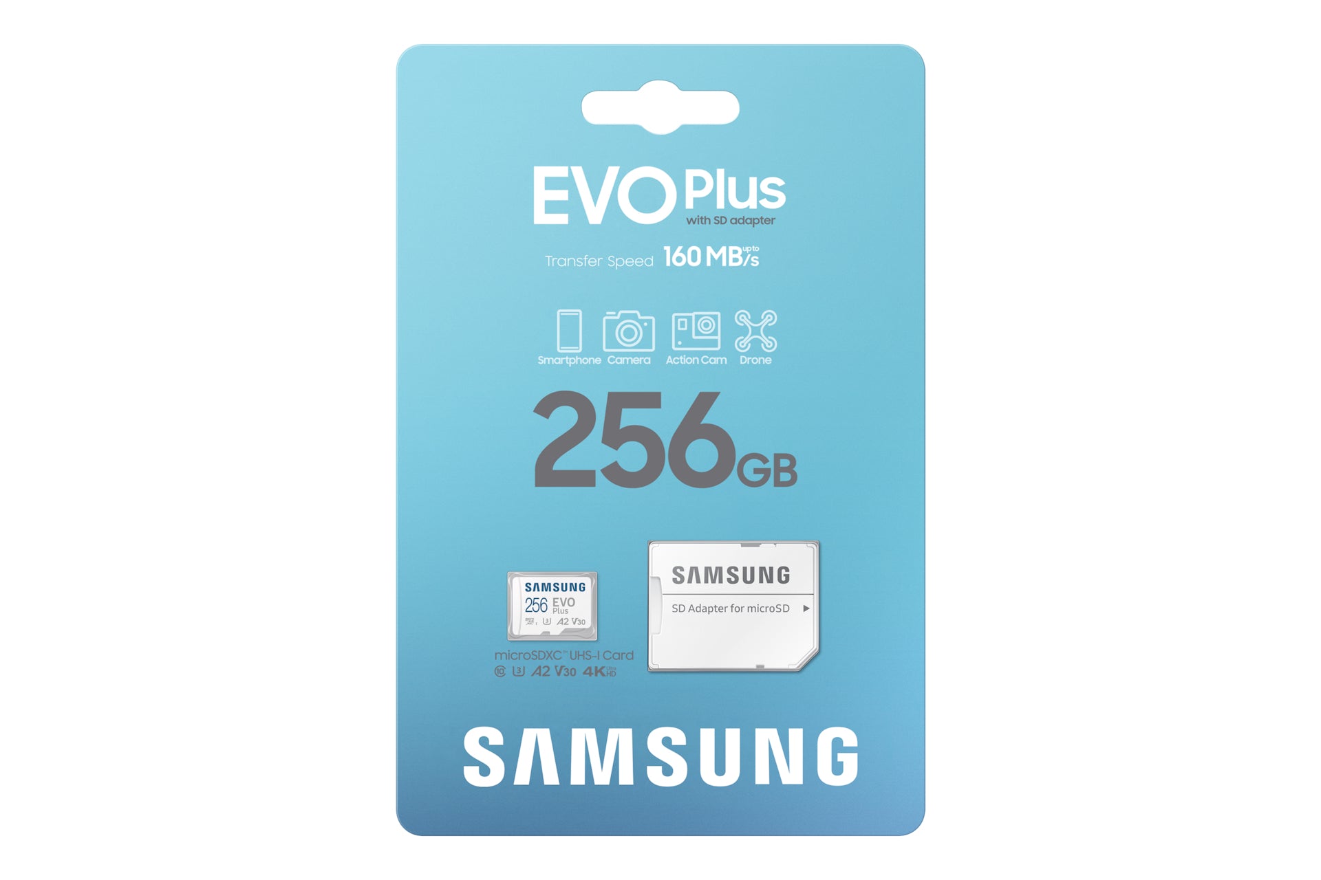Samsung EVO Plus microSDXC 256 GB – UHS-I, U3, V30, A2, 160 MB/s Lesen, inkl. SD-Adapter