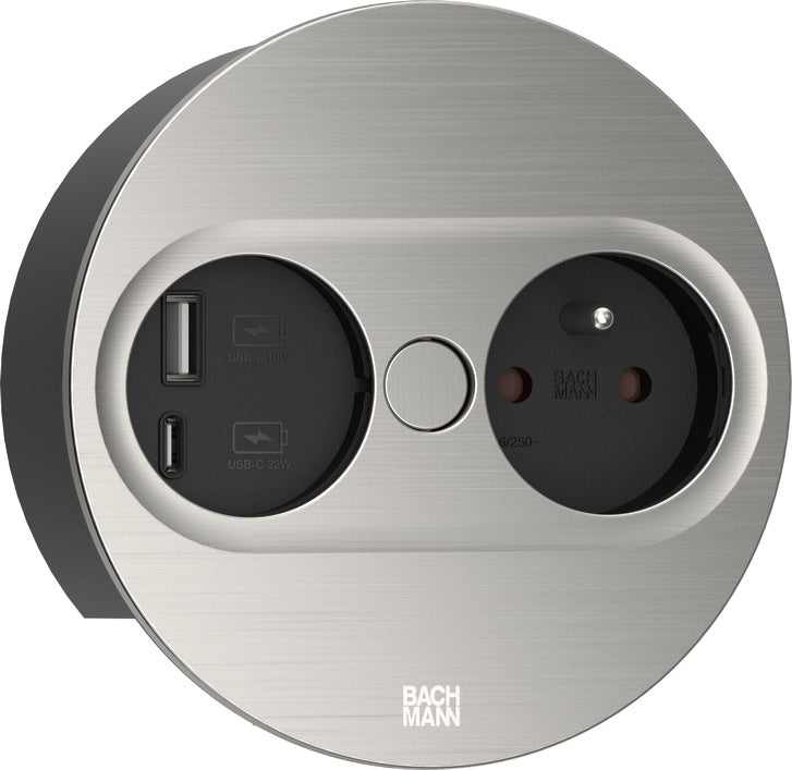 Bachmann TWIST 2 Einbau-Anschlussfeld UTE (Typ E) 1× – USB-C×1, USB-A×1 – 22 W – 2,0 m – Edelstahl