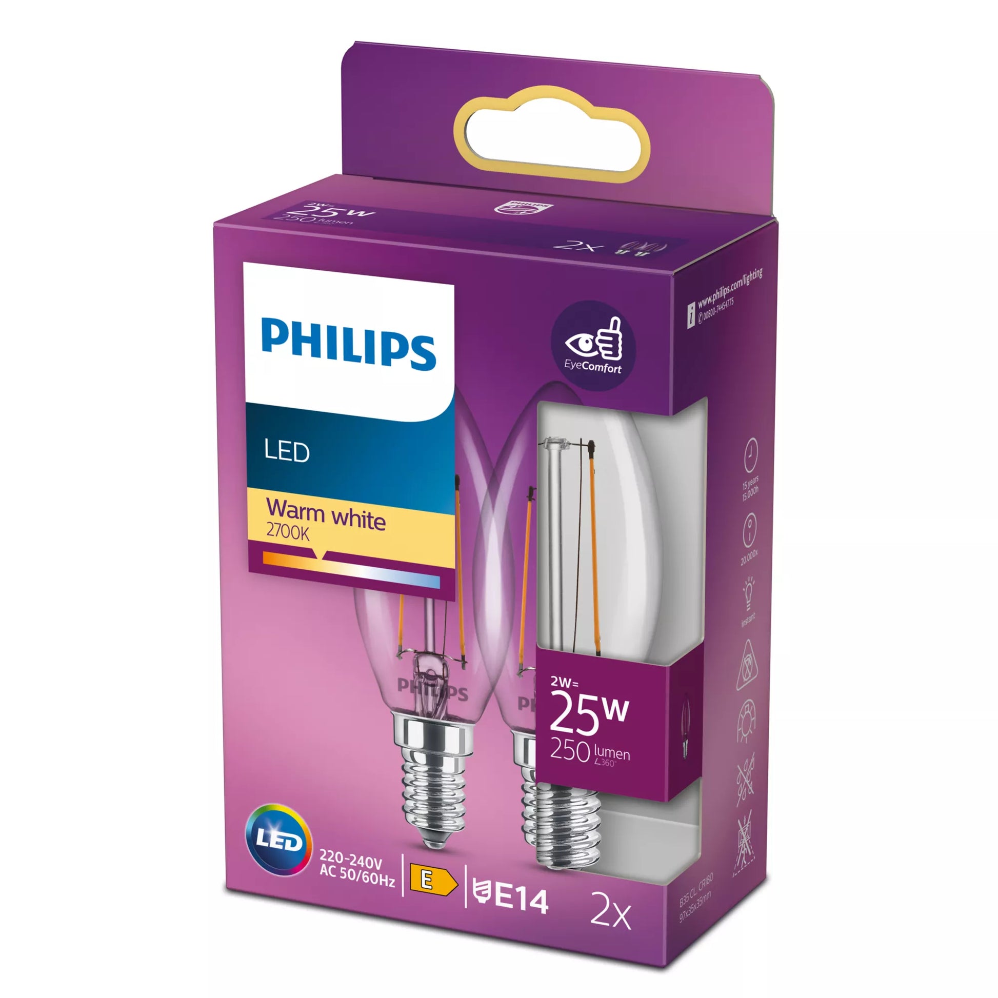Philips by Signify Philips LED-Leuchtmittel E14 B35 – Warmweiss 2700 K, 250 lm, 2 W – 2 Stk., Transparent/Glas