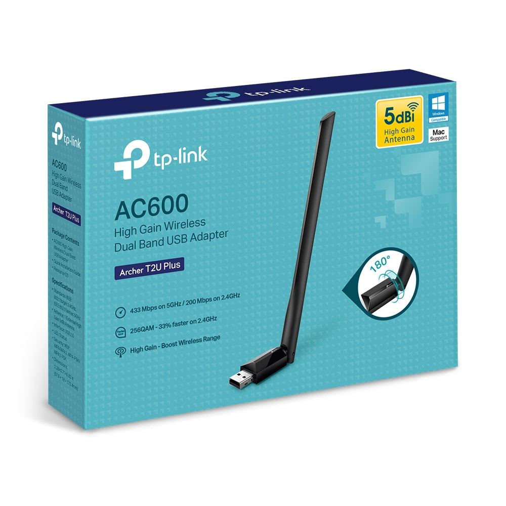 TP-Link Archer T2U Plus – WLAN-Stick, Wi-Fi 5 (802.11ac), Dual-Band, bis 600 Mbit/s, USB 2.0, externe Antenne