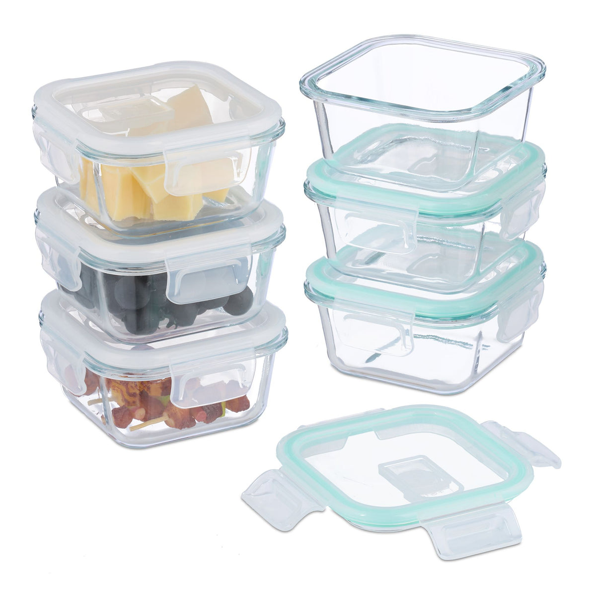 Relaxdays Vorratsdose 520 ml, 14,5 × 14,5 × 7 cm, Glas/Polypropylen (PP)/Silikon, transparent/türkis/weiss
