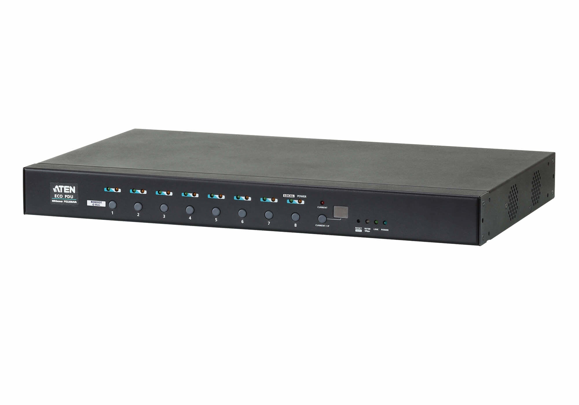 ATEN PDU, Messgerät 1U – C13×7, C19×1 – Eingang NEMA L5-20P, Ausgänge NEMA 5-20R – 3 m Kabel – Schwarz