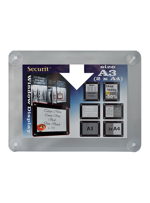Securit Plakatrahmen PFW-A3-GY – für A3 – mit 4 Saugnäpfen – grau – Kunststoff – 540×415×10 mm