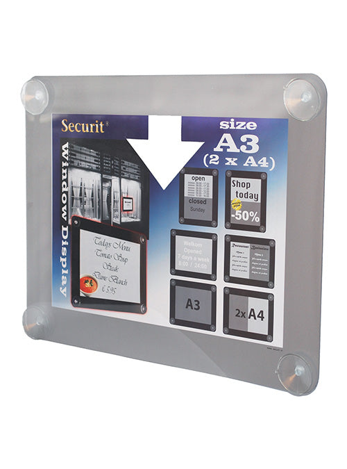 Securit Plakatrahmen PFW-A3-GY – für A3 – mit 4 Saugnäpfen – grau – Kunststoff – 540×415×10 mm